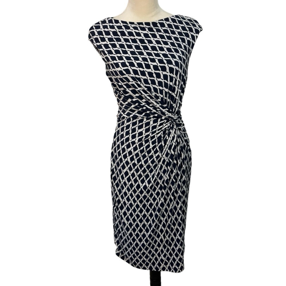 Lauren Ralph Lauren Black White Leaf Print Faux Wrap Cap Sleeve Career Dress 8